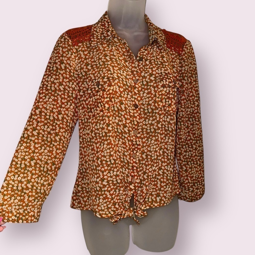 Cowgirl Floral Button Front Blouse Orange Western Top M - Picture 3 of 8